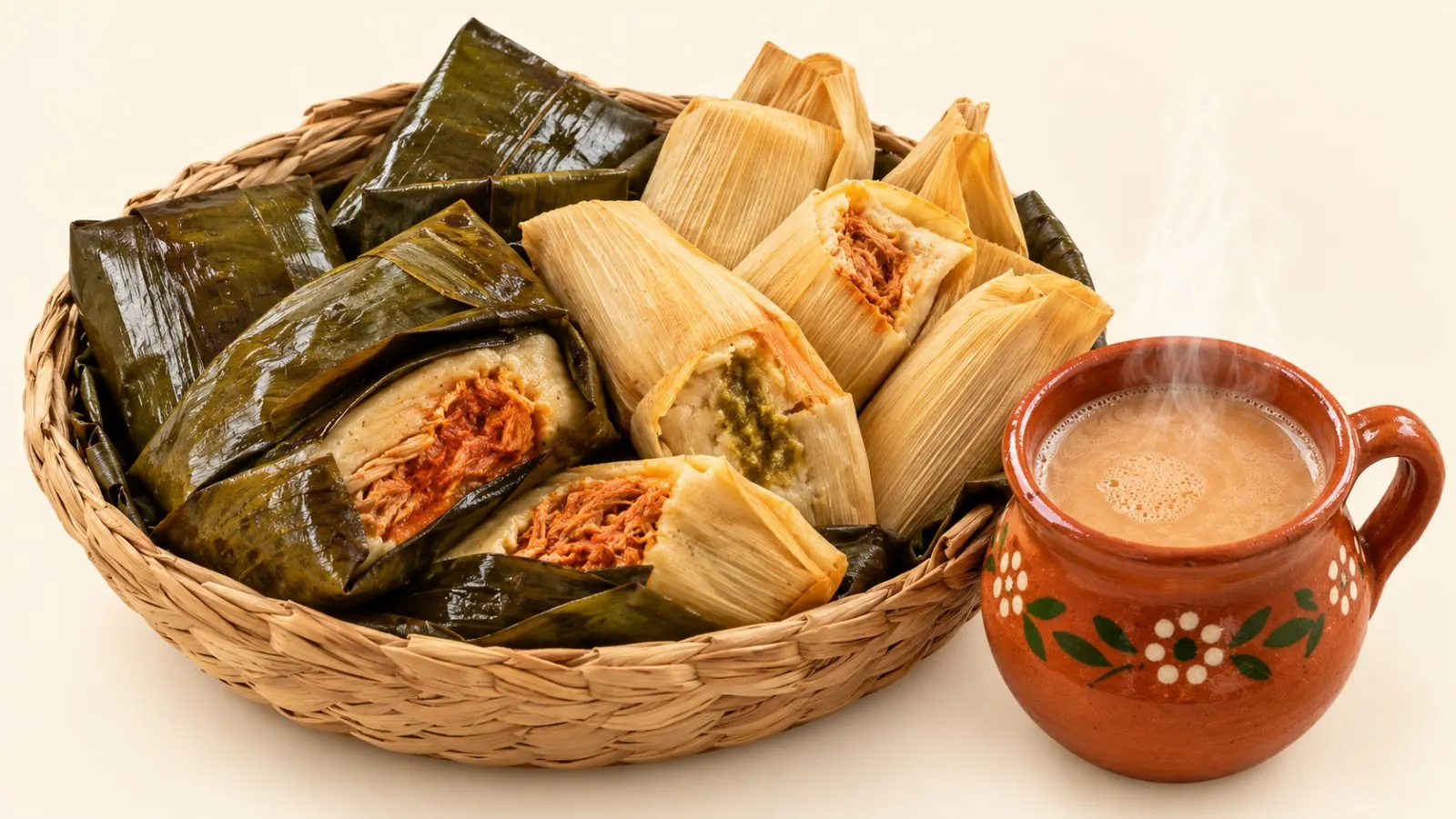Canasta de tamales oaxaqueños y en hoja de maíz con un jarrito de atole